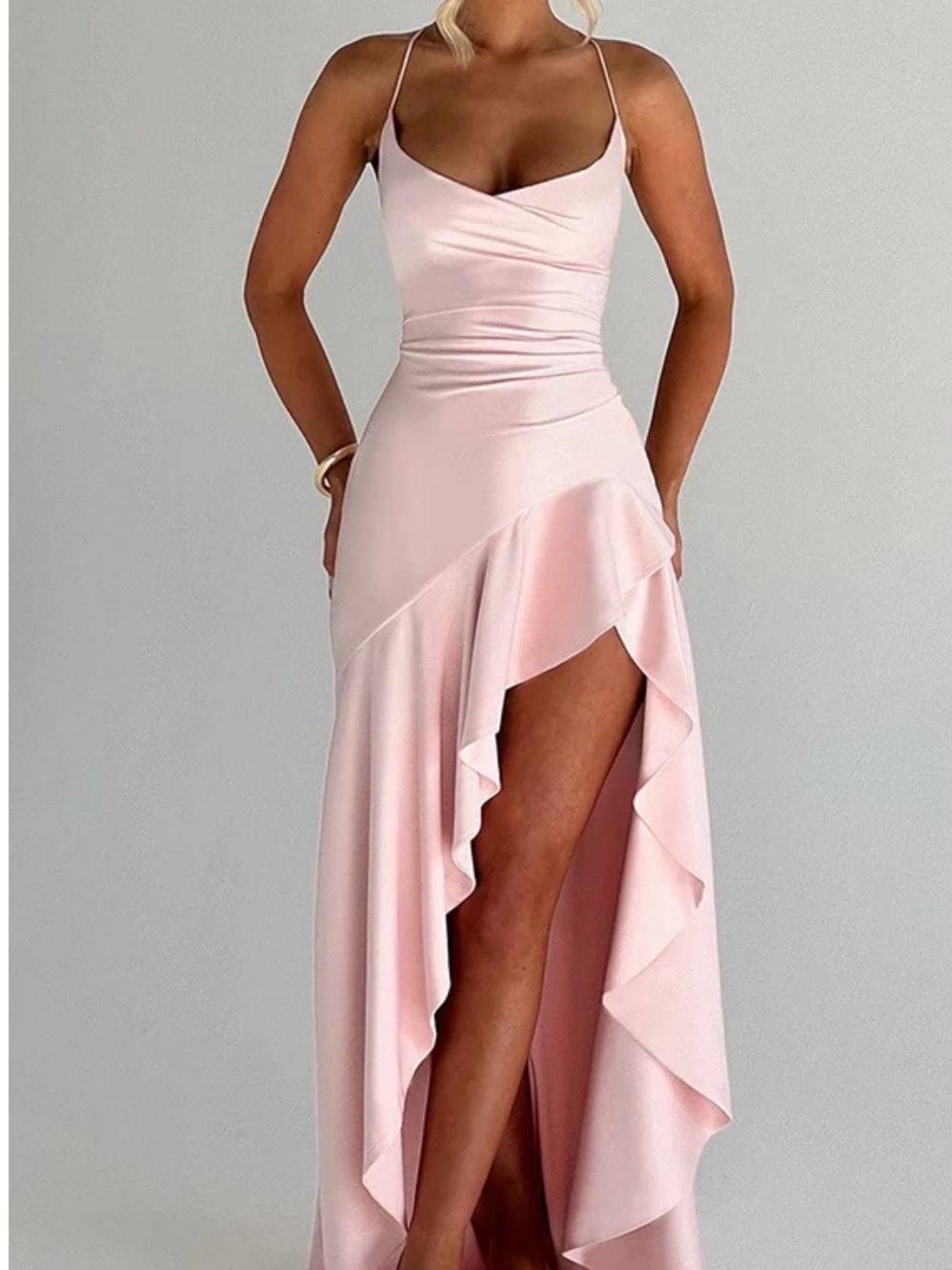 Elegant Spaghetti-Strap Pink Ruffle High-Slit Dress